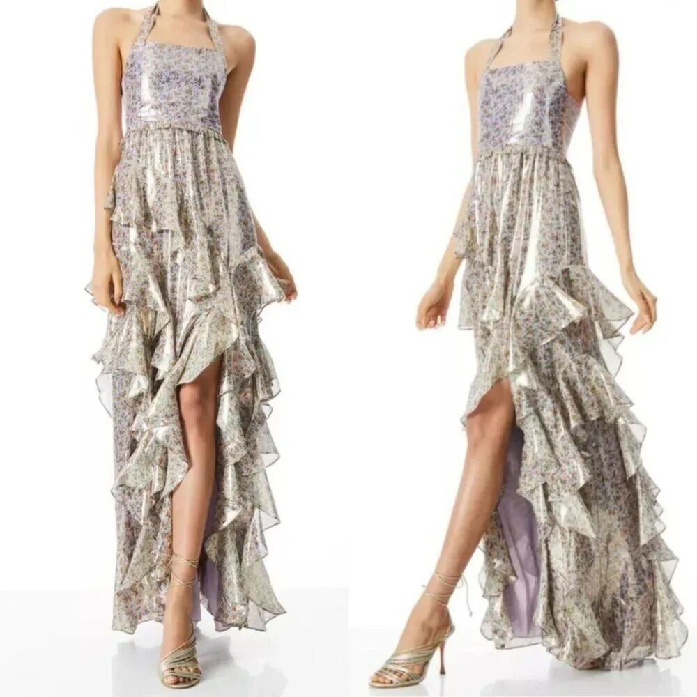 Alice + Olivia Jocelyn Ruffle Maxi Dress Floral Purple Metallic Halter Silk 8 US